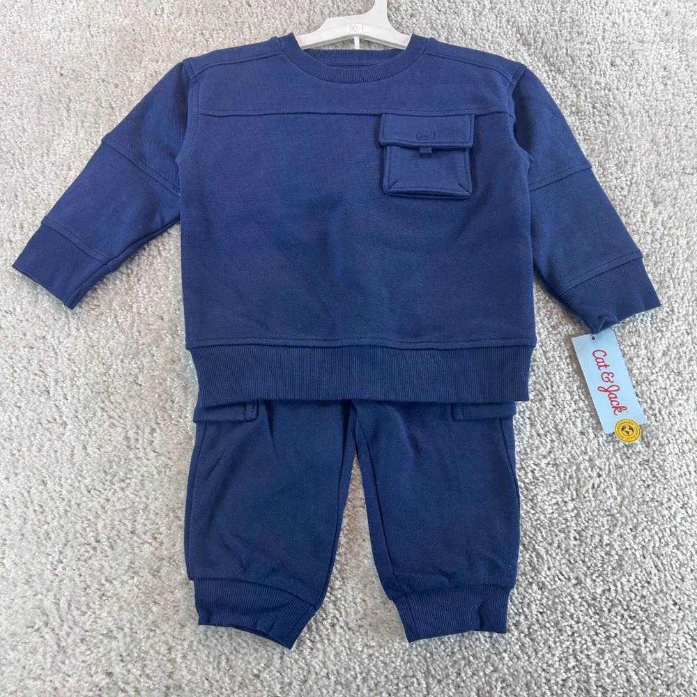 Cat & Jack Toddler Boys Navy Blue 2pc Cargo Sweatshirt and Jogger Set 2T NEW